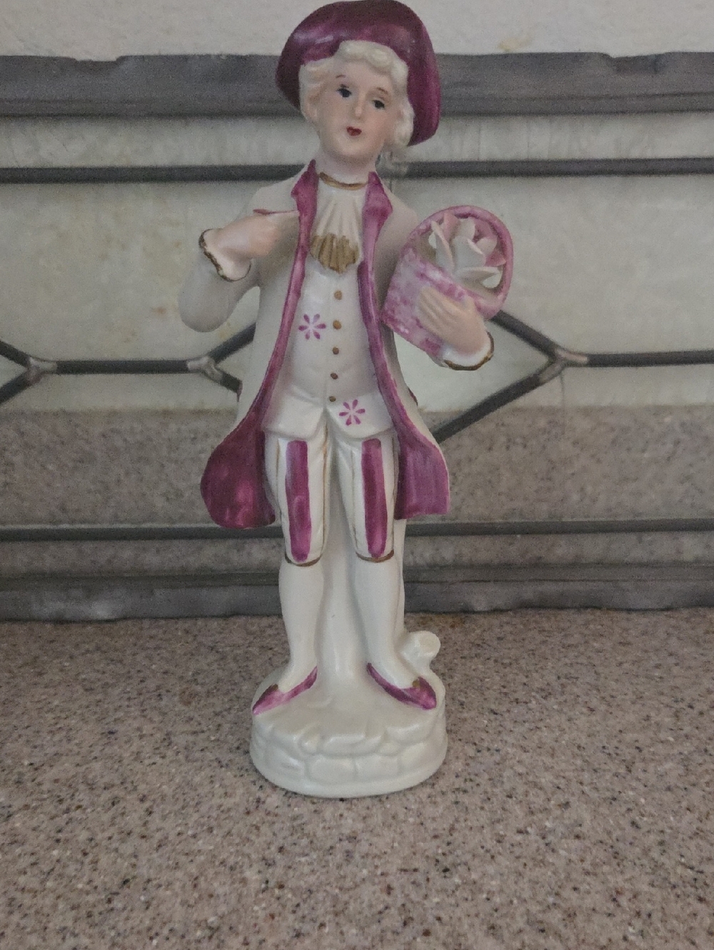 White and Pink Porcelain Figurine - Boy with Basket